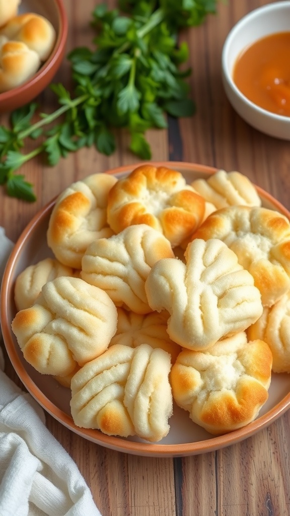 Whole30 Cloud Bread Recipe Fluffy cloud bread pieces on a plate, golden brown, with herbs and dipping sauce in the background.